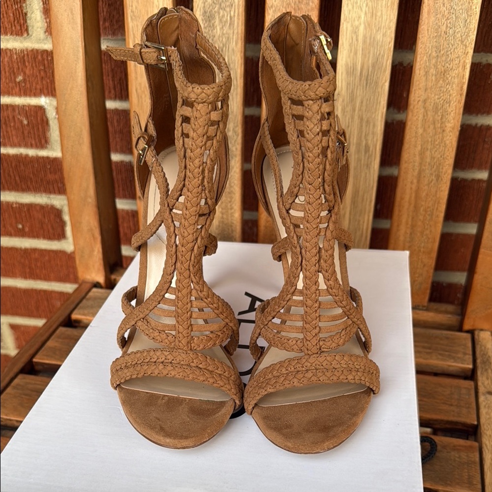 Aldo Tan Heeled Sandals with Intricate Design